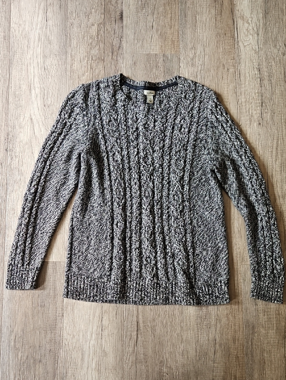 L.L. Bean Marled Black and White Cable Crewneck Sweater